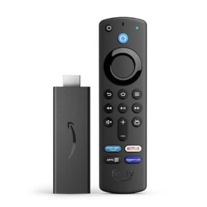 Smart Fire TV Stick HD (latest model) with Alexa Voice Remote, featuring TV power and volume controls.
